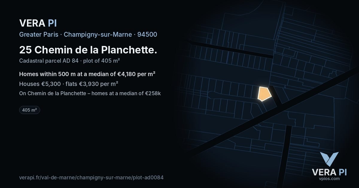25 Chemin de la Planchette, Champigny-sur-Marne at night – the plot lit, the parcels around coloured by the prices near them
