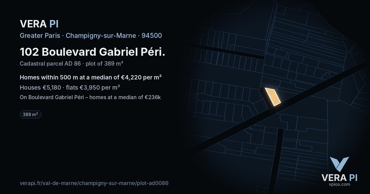 102 Boulevard Gabriel Péri, Champigny-sur-Marne at night – the plot lit, the parcels around coloured by the prices near them