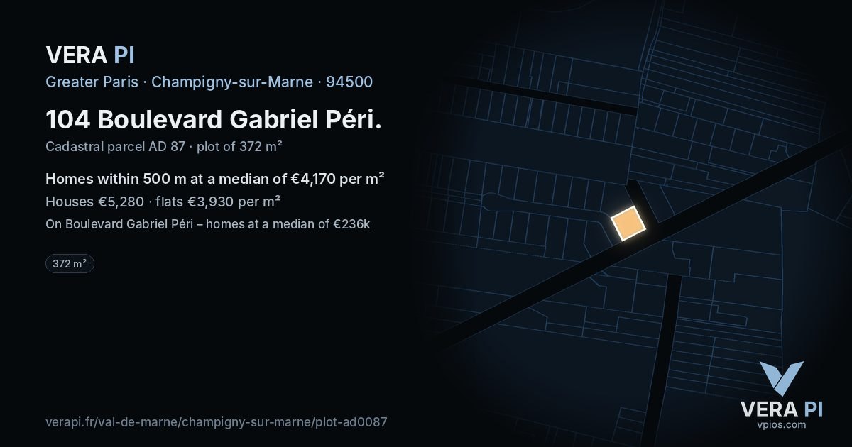 104 Boulevard Gabriel Péri, Champigny-sur-Marne at night – the plot lit, the parcels around coloured by the prices near them