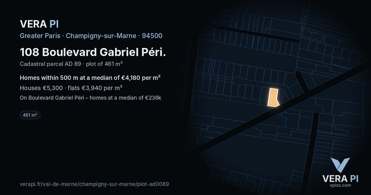 108 Boulevard Gabriel Péri, Champigny-sur-Marne at night – the plot lit, the parcels around coloured by the prices near them