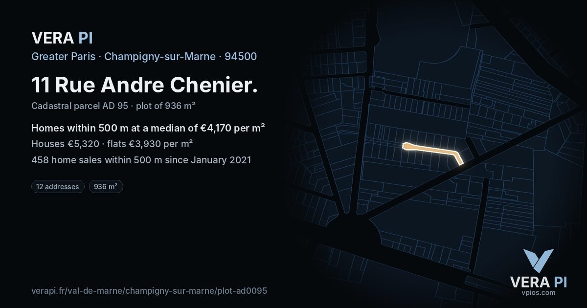 11 Rue Andre Chenier, Champigny-sur-Marne at night – the plot lit, the parcels around coloured by the prices near them