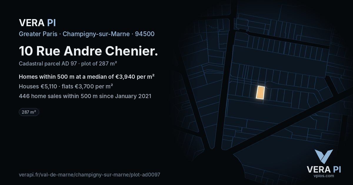 10 Rue Andre Chenier, Champigny-sur-Marne at night – the plot lit, the parcels around coloured by the prices near them