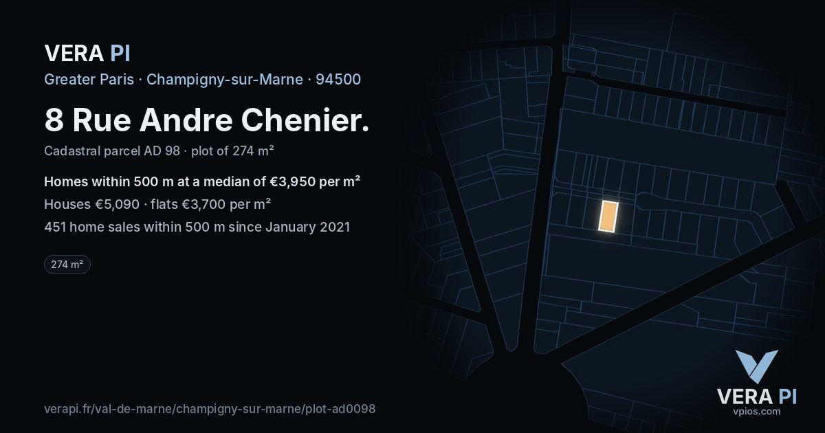 8 Rue Andre Chenier, Champigny-sur-Marne at night – the plot lit, the parcels around coloured by the prices near them