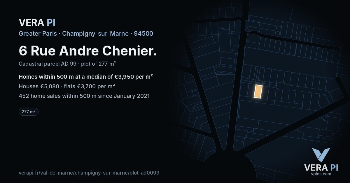 6 Rue Andre Chenier, Champigny-sur-Marne at night – the plot lit, the parcels around coloured by the prices near them