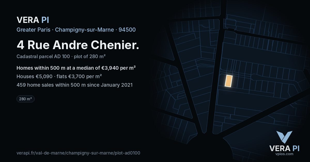 4 Rue Andre Chenier, Champigny-sur-Marne at night – the plot lit, the parcels around coloured by the prices near them