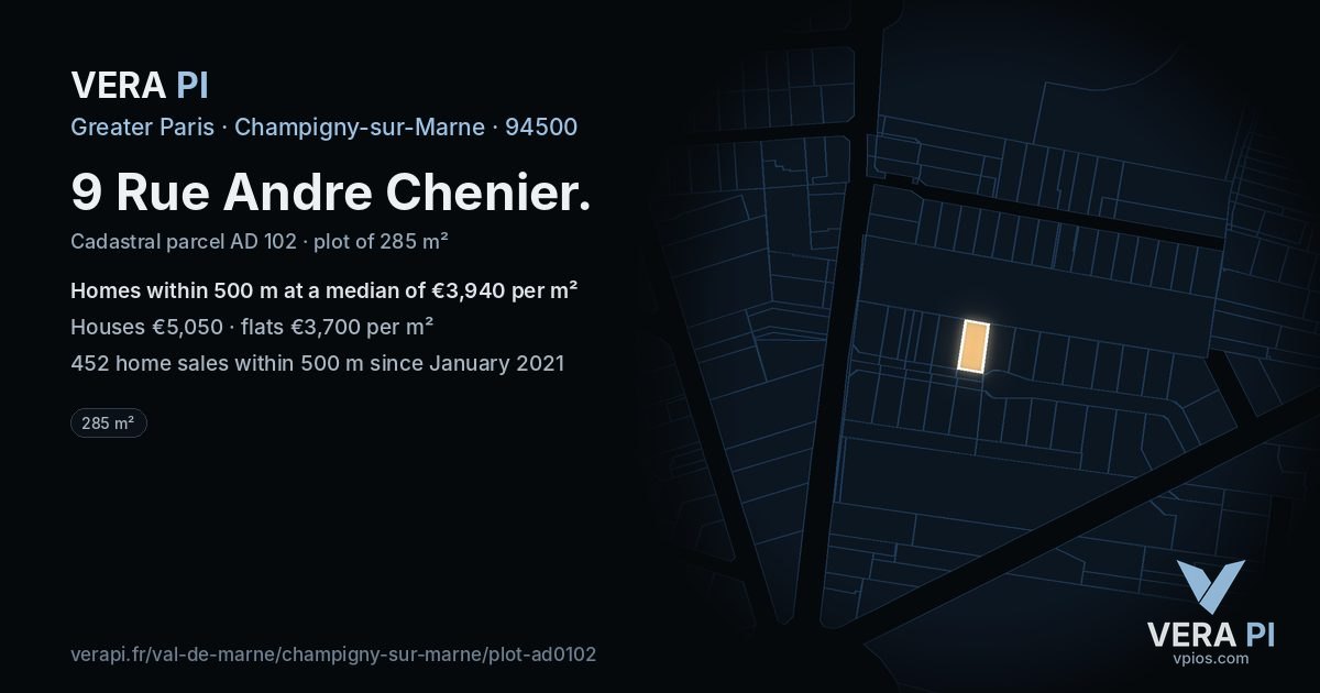 9 Rue Andre Chenier, Champigny-sur-Marne at night – the plot lit, the parcels around coloured by the prices near them