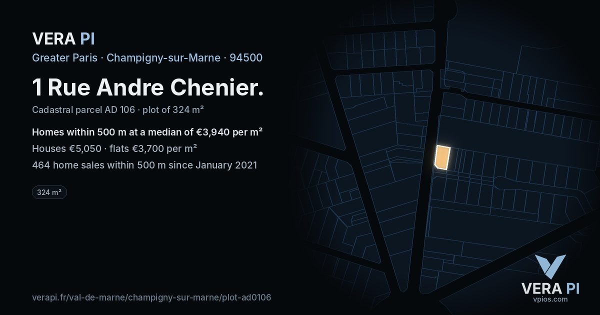 1 Rue Andre Chenier, Champigny-sur-Marne at night – the plot lit, the parcels around coloured by the prices near them
