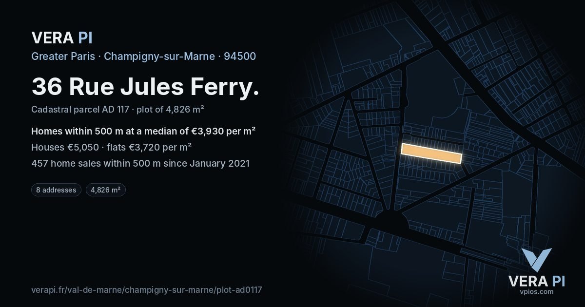 36 Rue Jules Ferry, Champigny-sur-Marne at night – the plot lit, the parcels around coloured by the prices near them