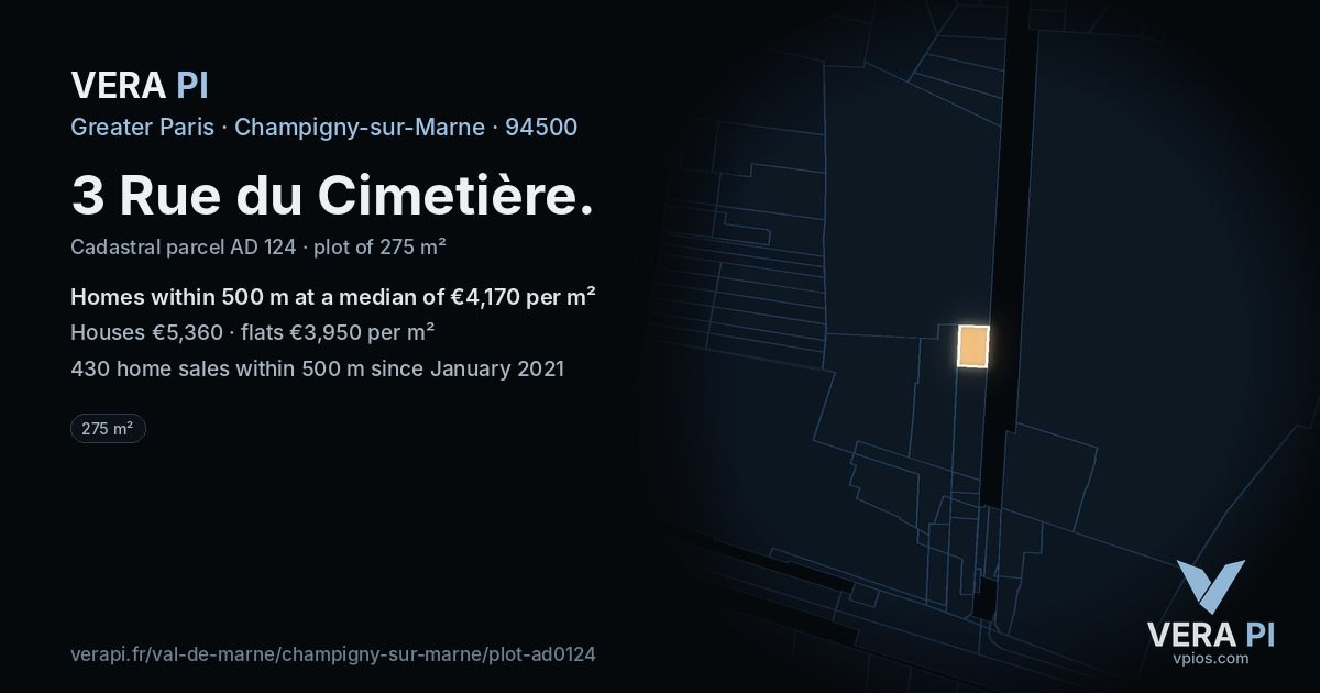 3 Rue du Cimetière, Champigny-sur-Marne at night – the plot lit, the parcels around coloured by the prices near them