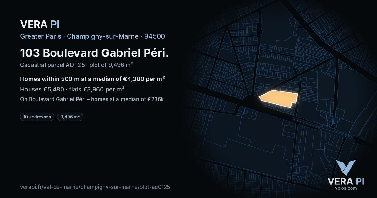103 Boulevard Gabriel Péri, Champigny-sur-Marne at night – the plot lit, the parcels around coloured by the prices near them