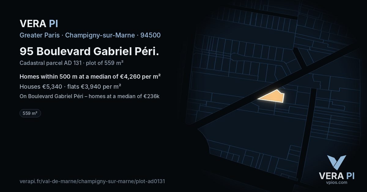 95 Boulevard Gabriel Péri, Champigny-sur-Marne at night – the plot lit, the parcels around coloured by the prices near them