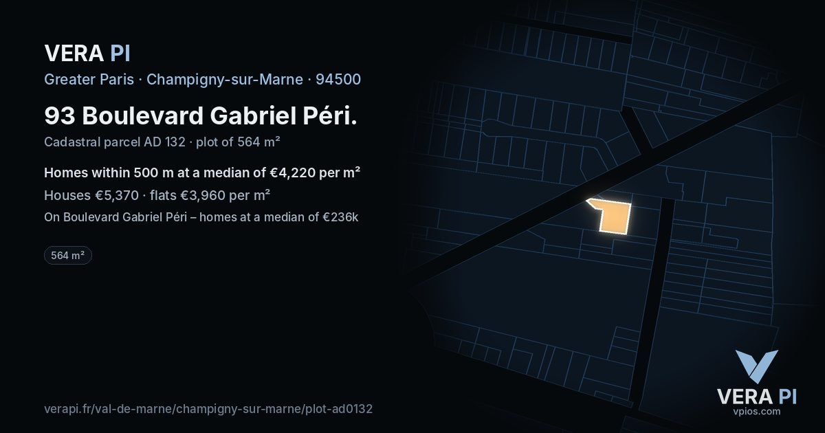 93 Boulevard Gabriel Péri, Champigny-sur-Marne at night – the plot lit, the parcels around coloured by the prices near them