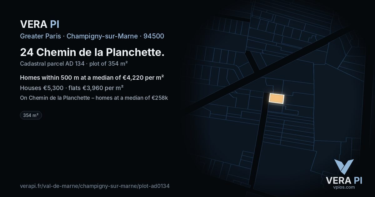 24 Chemin de la Planchette, Champigny-sur-Marne at night – the plot lit, the parcels around coloured by the prices near them