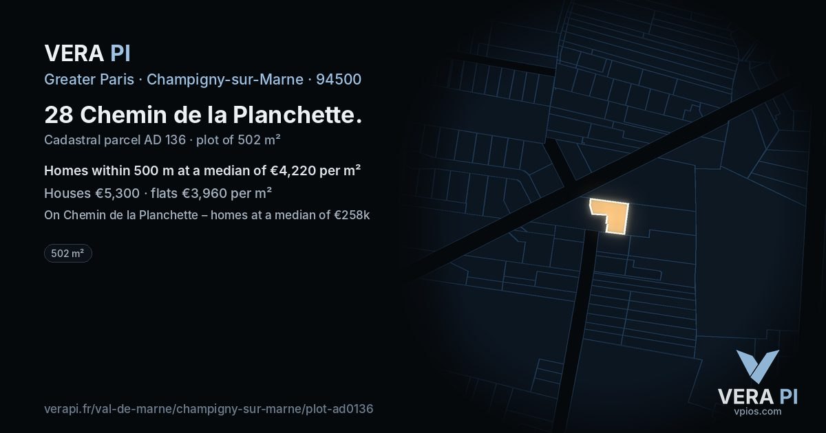 28 Chemin de la Planchette, Champigny-sur-Marne at night – the plot lit, the parcels around coloured by the prices near them
