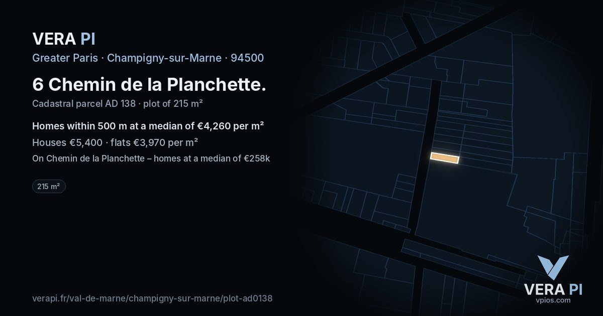6 Chemin de la Planchette, Champigny-sur-Marne at night – the plot lit, the parcels around coloured by the prices near them