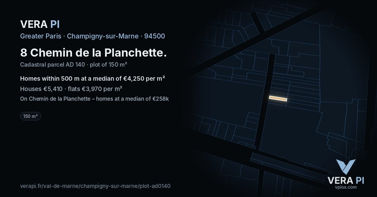 8 Chemin de la Planchette, Champigny-sur-Marne at night – the plot lit, the parcels around coloured by the prices near them