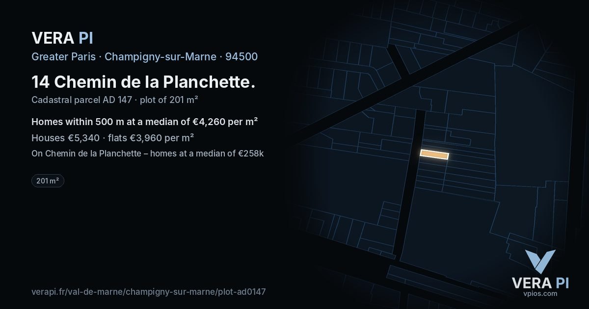 14 Chemin de la Planchette, Champigny-sur-Marne at night – the plot lit, the parcels around coloured by the prices near them
