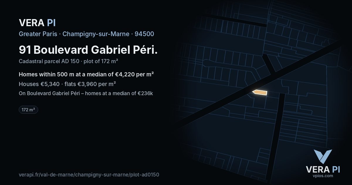 91 Boulevard Gabriel Péri, Champigny-sur-Marne at night – the plot lit, the parcels around coloured by the prices near them