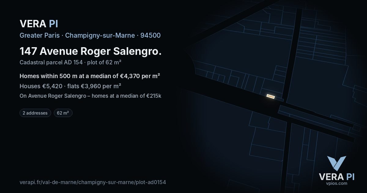 147 Avenue Roger Salengro, Champigny-sur-Marne at night – the plot lit, the parcels around coloured by the prices near them