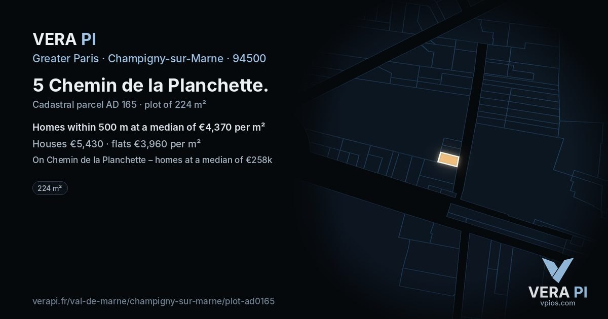 5 Chemin de la Planchette, Champigny-sur-Marne at night – the plot lit, the parcels around coloured by the prices near them