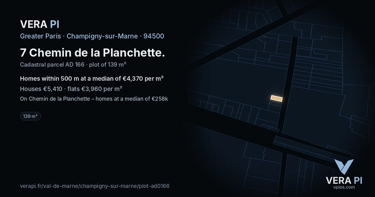 7 Chemin de la Planchette, Champigny-sur-Marne at night – the plot lit, the parcels around coloured by the prices near them