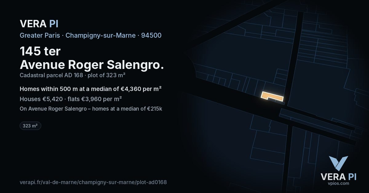 145 ter Avenue Roger Salengro, Champigny-sur-Marne at night – the plot lit, the parcels around coloured by the prices near them