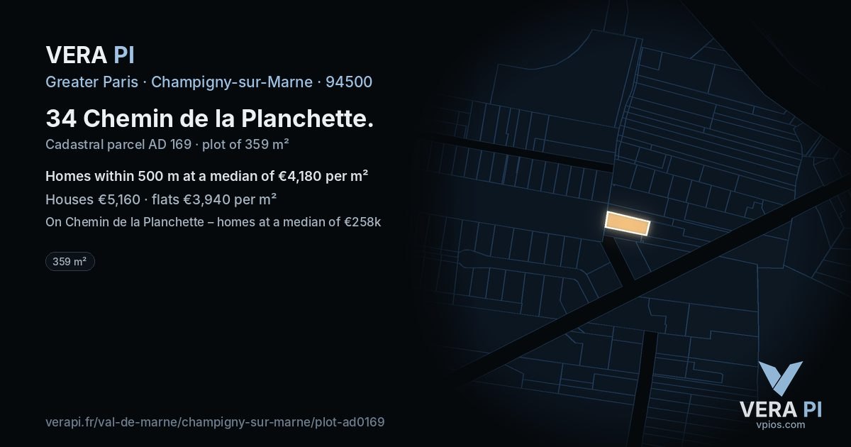 34 Chemin de la Planchette, Champigny-sur-Marne at night – the plot lit, the parcels around coloured by the prices near them