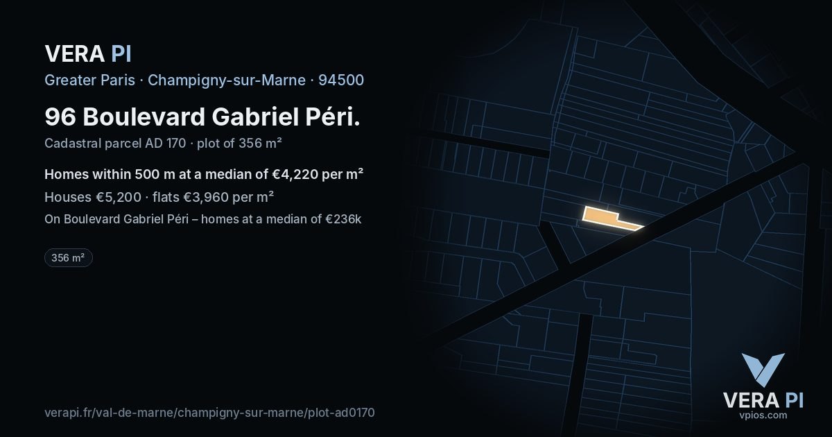 96 Boulevard Gabriel Péri, Champigny-sur-Marne at night – the plot lit, the parcels around coloured by the prices near them