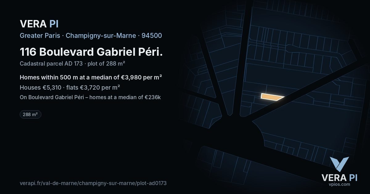 116 Boulevard Gabriel Péri, Champigny-sur-Marne at night – the plot lit, the parcels around coloured by the prices near them
