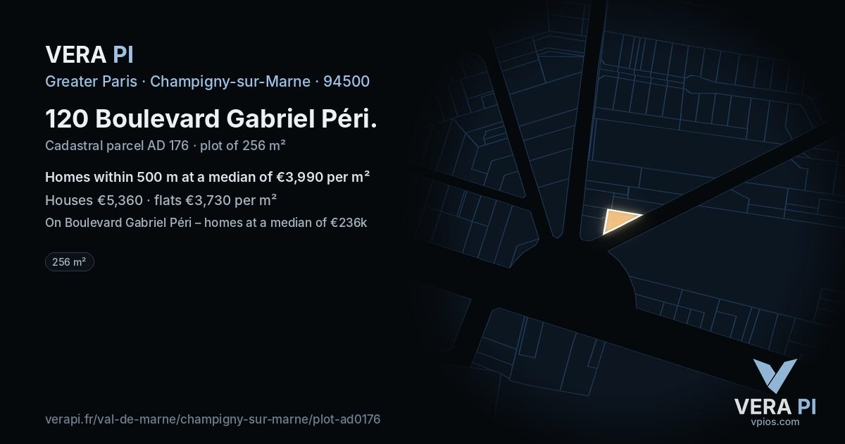 120 Boulevard Gabriel Péri, Champigny-sur-Marne at night – the plot lit, the parcels around coloured by the prices near them
