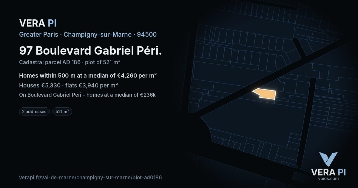 97 Boulevard Gabriel Péri, Champigny-sur-Marne at night – the plot lit, the parcels around coloured by the prices near them