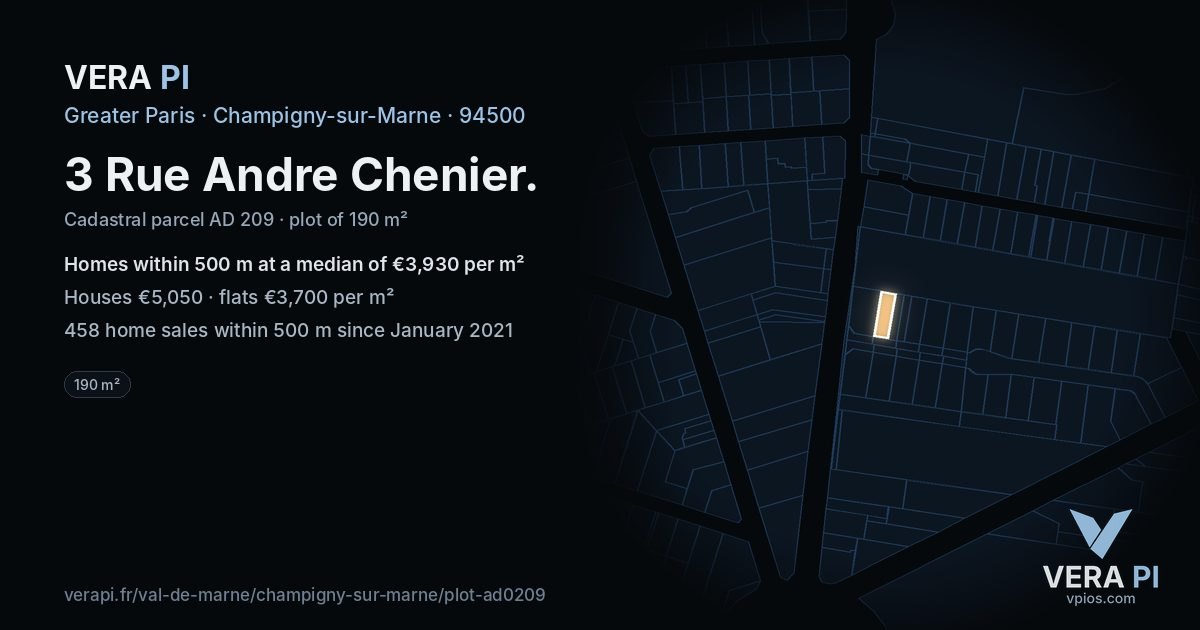 3 Rue Andre Chenier, Champigny-sur-Marne at night – the plot lit, the parcels around coloured by the prices near them