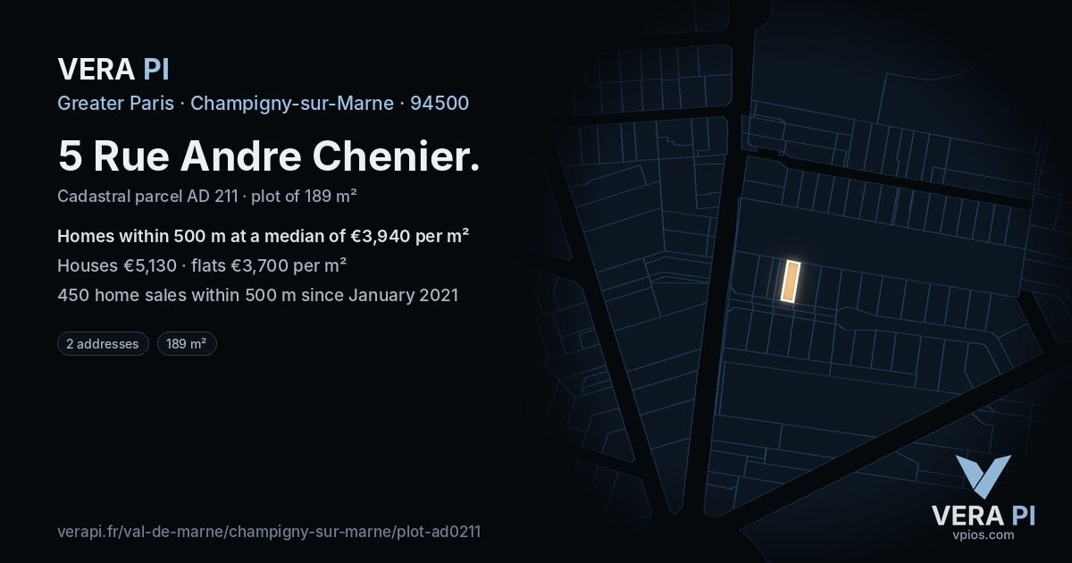 5 Rue Andre Chenier, Champigny-sur-Marne at night – the plot lit, the parcels around coloured by the prices near them