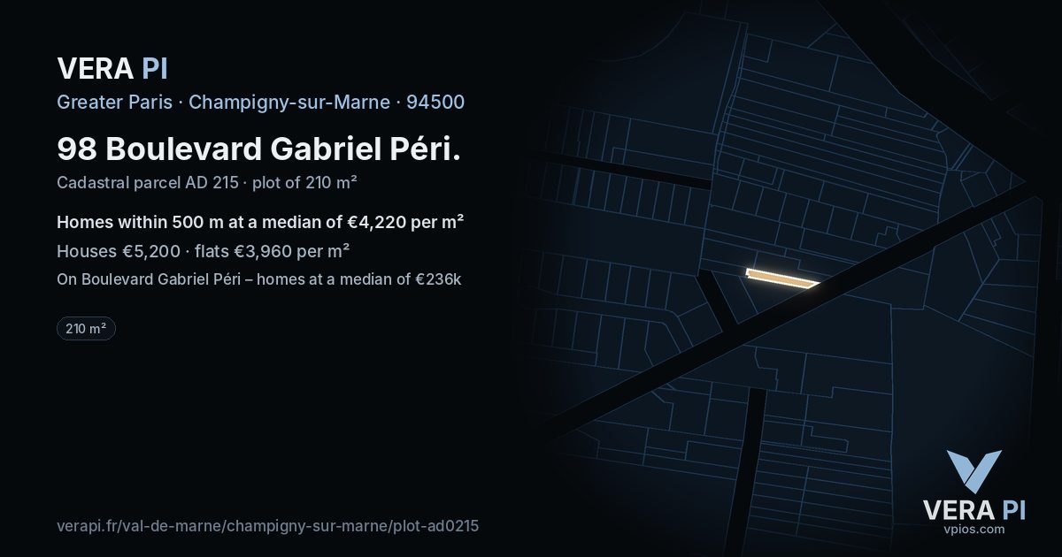 98 Boulevard Gabriel Péri, Champigny-sur-Marne at night – the plot lit, the parcels around coloured by the prices near them