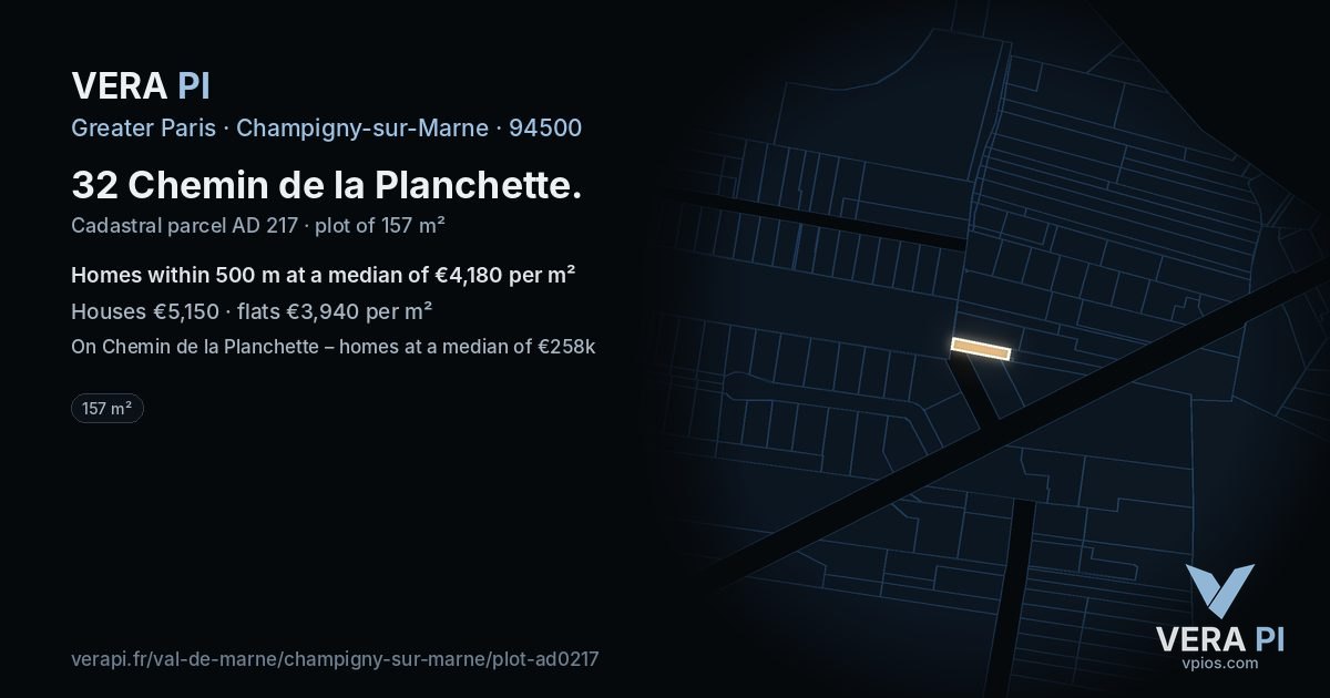 32 Chemin de la Planchette, Champigny-sur-Marne at night – the plot lit, the parcels around coloured by the prices near them