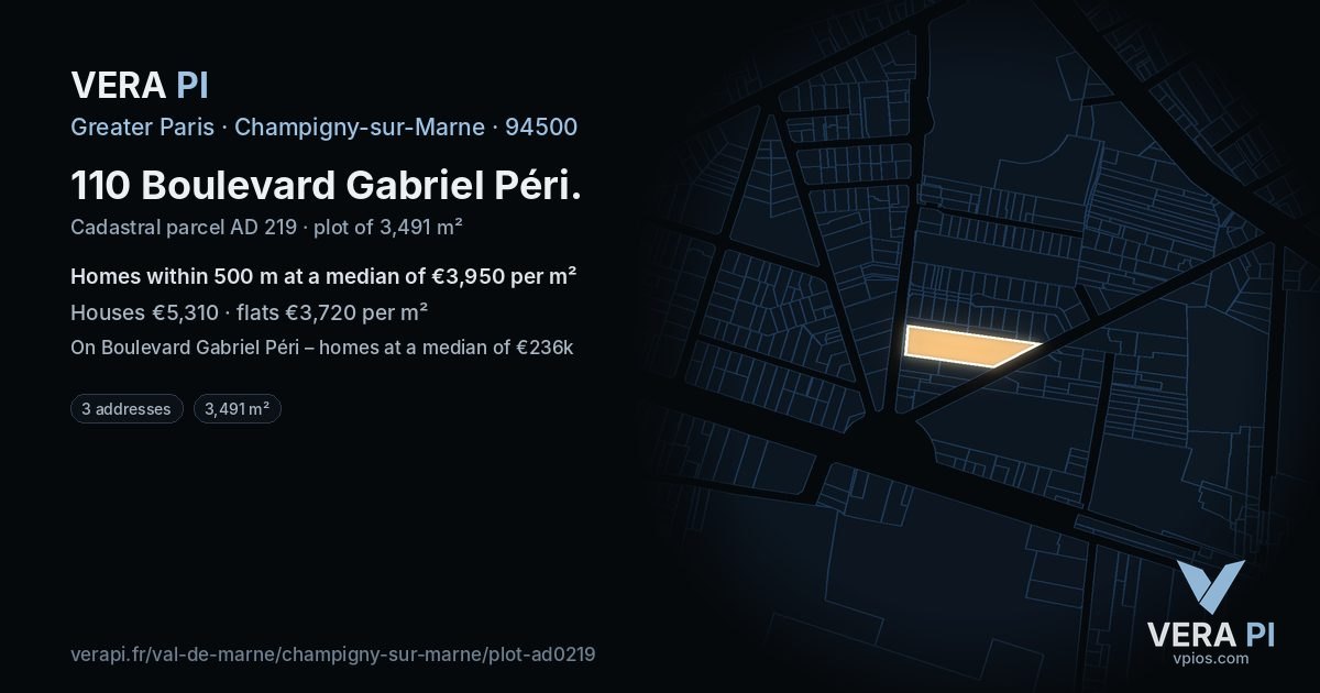 110 Boulevard Gabriel Péri, Champigny-sur-Marne at night – the plot lit, the parcels around coloured by the prices near them