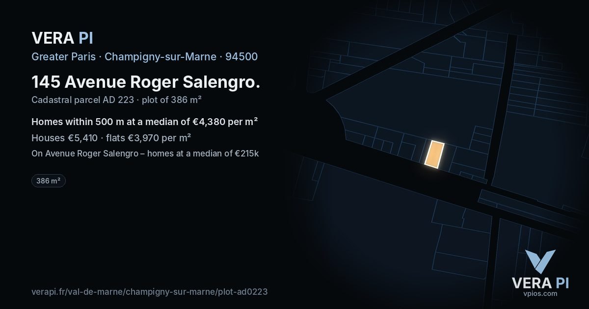 145 Avenue Roger Salengro, Champigny-sur-Marne at night – the plot lit, the parcels around coloured by the prices near them