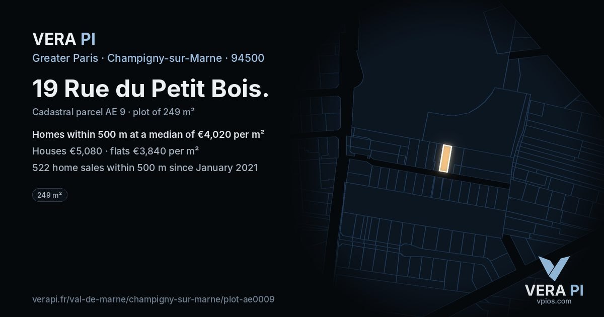 19 Rue du Petit Bois, Champigny-sur-Marne at night – the plot lit, the parcels around coloured by the prices near them