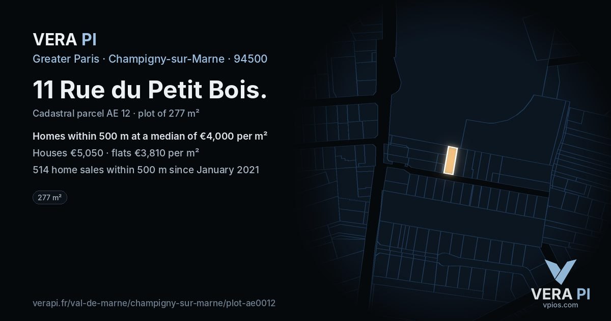 11 Rue du Petit Bois, Champigny-sur-Marne at night – the plot lit, the parcels around coloured by the prices near them