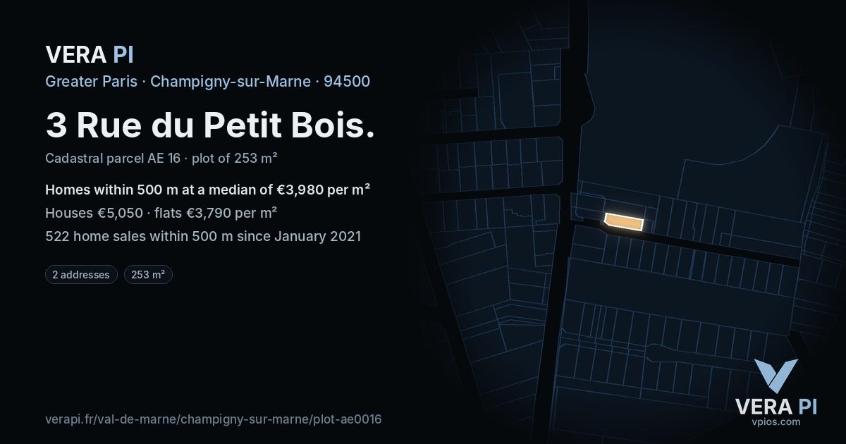 3 Rue du Petit Bois, Champigny-sur-Marne at night – the plot lit, the parcels around coloured by the prices near them
