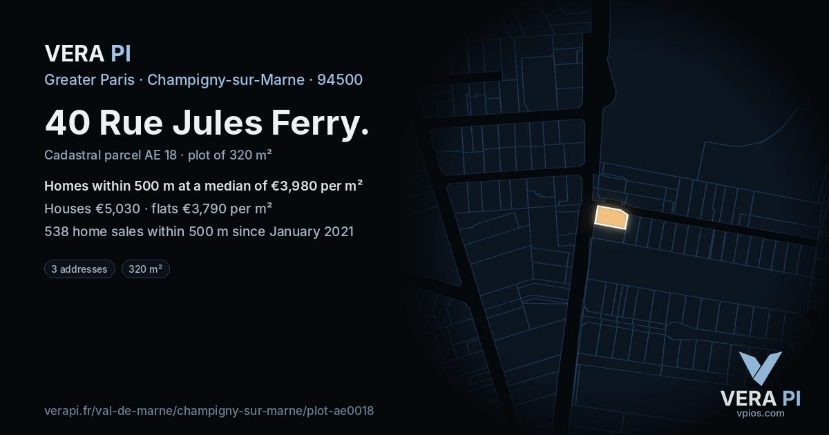 40 Rue Jules Ferry, Champigny-sur-Marne at night – the plot lit, the parcels around coloured by the prices near them
