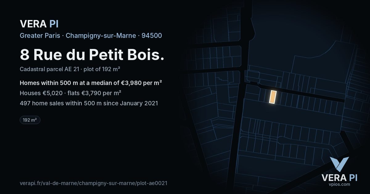 8 Rue du Petit Bois, Champigny-sur-Marne at night – the plot lit, the parcels around coloured by the prices near them
