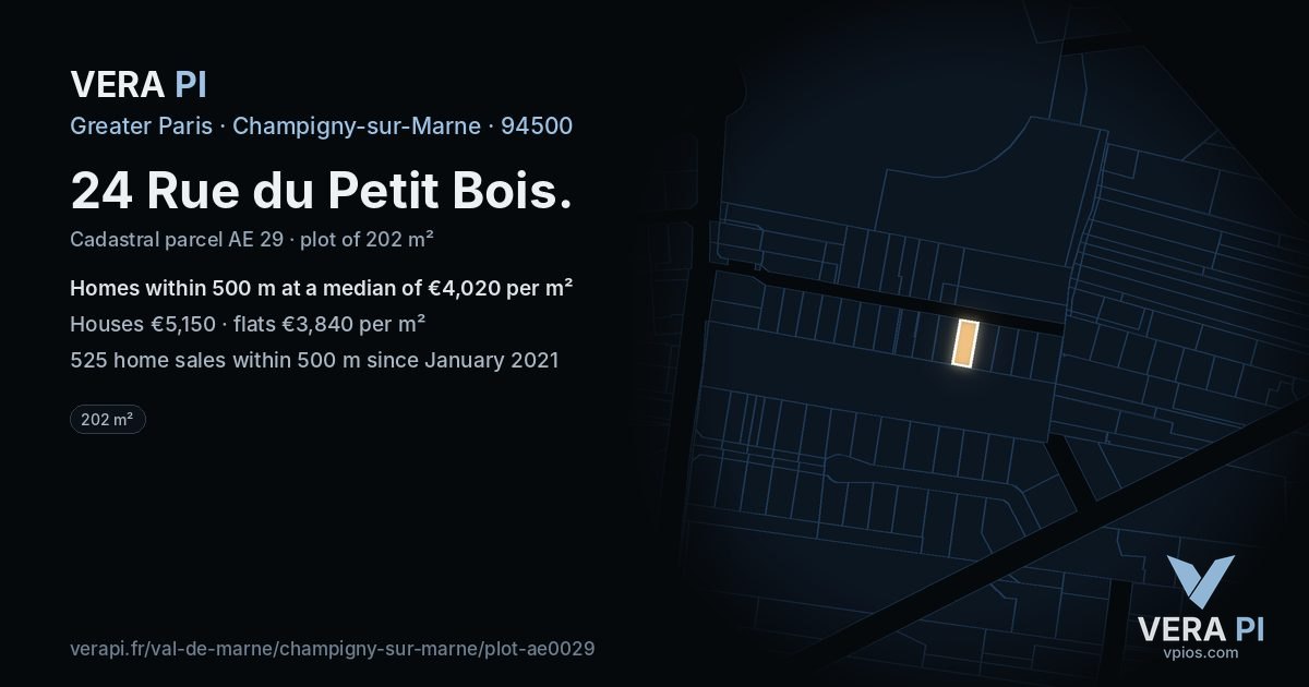24 Rue du Petit Bois, Champigny-sur-Marne at night – the plot lit, the parcels around coloured by the prices near them