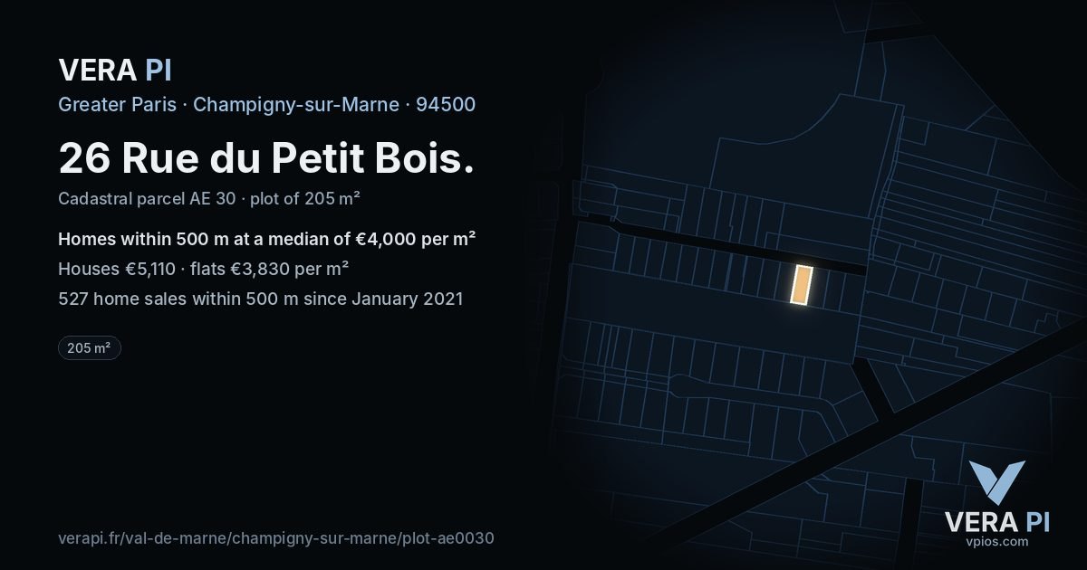 26 Rue du Petit Bois, Champigny-sur-Marne at night – the plot lit, the parcels around coloured by the prices near them