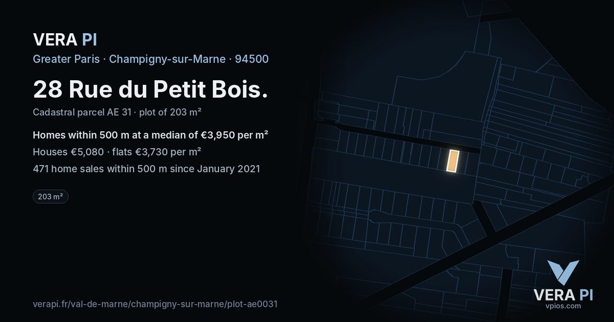 28 Rue du Petit Bois, Champigny-sur-Marne at night – the plot lit, the parcels around coloured by the prices near them