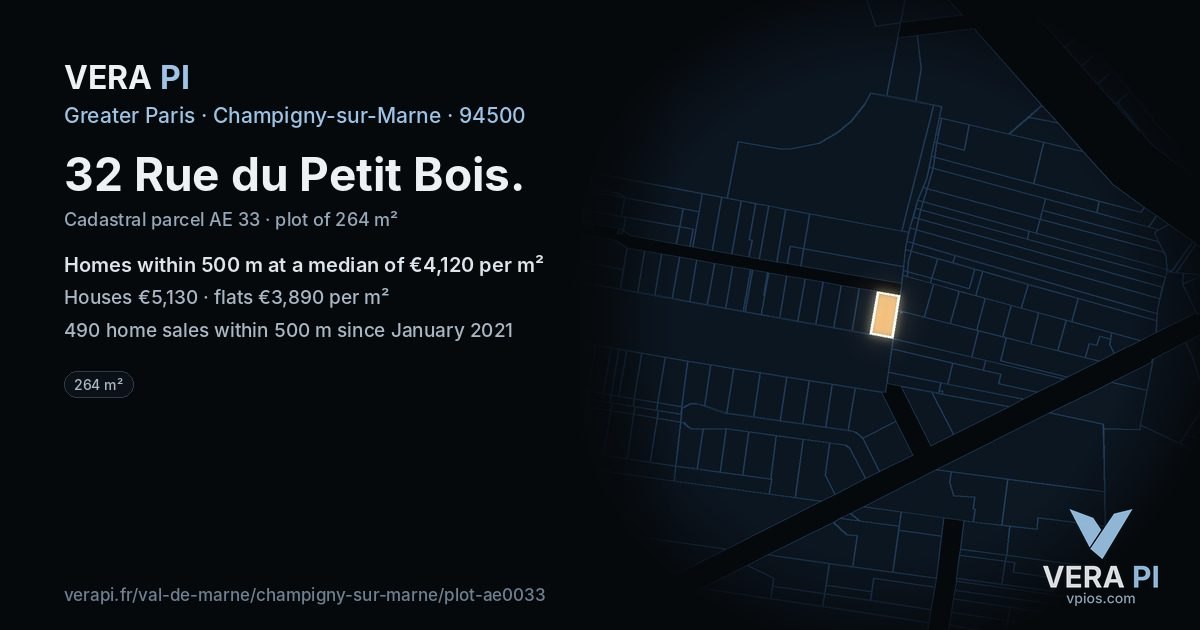 32 Rue du Petit Bois, Champigny-sur-Marne at night – the plot lit, the parcels around coloured by the prices near them