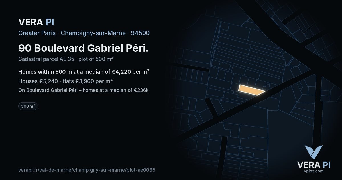 90 Boulevard Gabriel Péri, Champigny-sur-Marne at night – the plot lit, the parcels around coloured by the prices near them