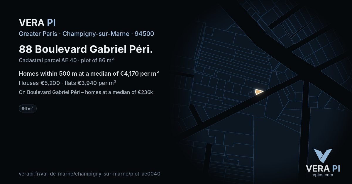 88 Boulevard Gabriel Péri, Champigny-sur-Marne at night – the plot lit, the parcels around coloured by the prices near them