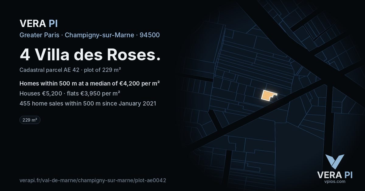4 Villa des Roses, Champigny-sur-Marne at night – the plot lit, the parcels around coloured by the prices near them