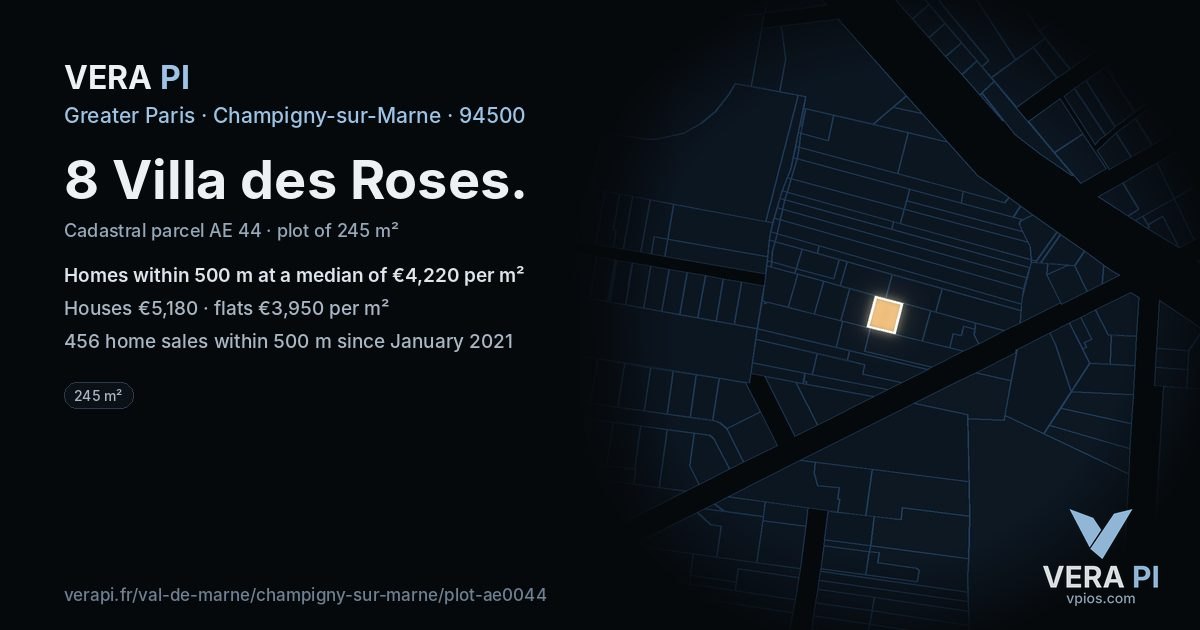 8 Villa des Roses, Champigny-sur-Marne at night – the plot lit, the parcels around coloured by the prices near them